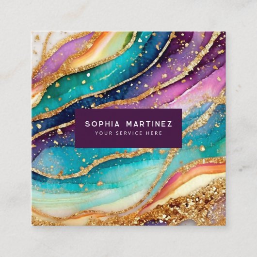 QR Code & Logo Elegant Rainbow Agate gold Glitter Quadratische Visitenkarte (Vorderseite)