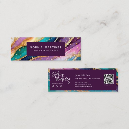 QR-Code & Logo Elegant Regenbogen-Achat Gold-Glitt Mini Visitenkarte (Vorne/Hinten)