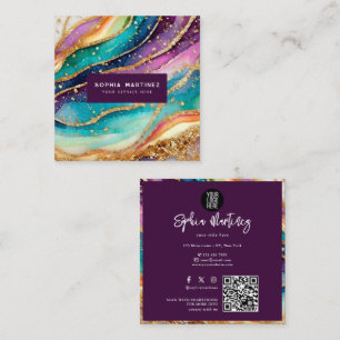 QR-Code & Logo Elegant Regenbogen-Achat Gold Glitt Quadratische Visitenkarte