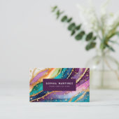 QR-Code & Logo Elegant Regenbogen-Achat Gold-Glitt Visitenkarte (Stehend Vorderseite)