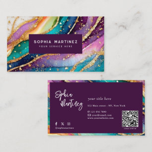 QR-Code & Logo Elegant Regenbogen-Achat Gold-Glitt Visitenkarte