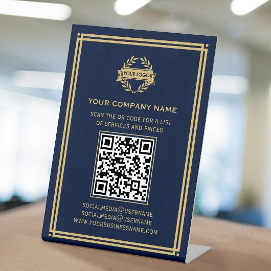 QR-Code-Logo für Kundendienste Navy Gold Sockelschild
