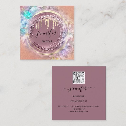 QR Code Logo Shop Geometrie Gold Rose Tropfen Quadratische Visitenkarte (Vorne/Hinten)