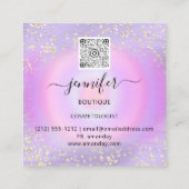 QR Code Logo Shop Lila Gold Tropfen Confetti Quadratische Visitenkarte (Rückseite)