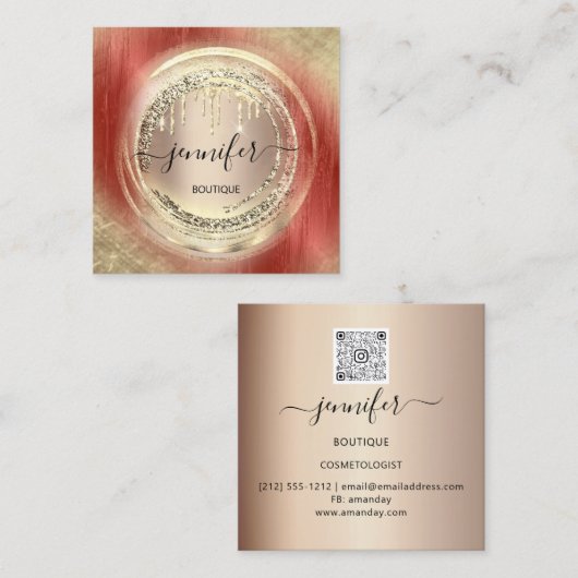 QR-Code Logo Shop Rose Gold Tropfen Burgund Quadratische Visitenkarte (Vorne/Hinten)