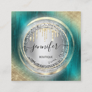 QR-Code-Logo-Shop Silver Grau-Aquamarin-Gold-Tropf Quadratische Visitenkarte