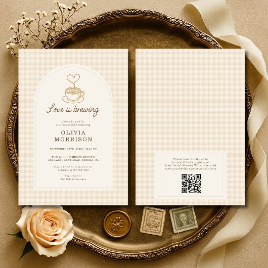 QR Code Love is Brewing Coffee Bridal Shower Einladung