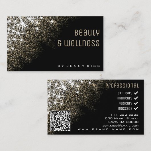QR Code Luminous Gold Glitzer Stars Wellness Visitenkarte (Vorne/Hinten)
