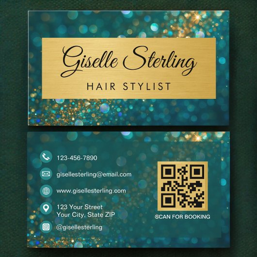 QR Code Luxury Hair Stylist Gold Teal Glitter  Visitenkarte