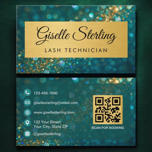 QR Code Luxury Lash Technician Gold Teal Glitter Visitenkarte