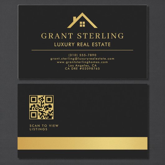 QR Code Luxury Real Estate Agent Black Gold Visitenkarte