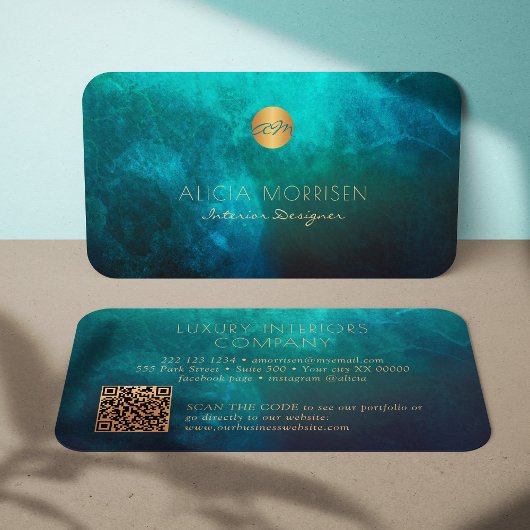 QR-Code Luxus-Aquarellgoldgold mit Monogramm Visitenkarte