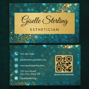 QR-Code Luxus-Esthetikerin Gold Türkis Glitter Visitenkarte