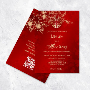 QR-Code   Magnolie Gold Rot Chinesische Hochzeit Einladung