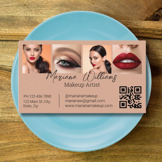 qr code makeup artist 4 Fotos Collage braun Visitenkarte