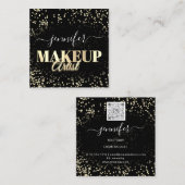 QR Code Makeup Artist Gold Confetti Black Quadratische Visitenkarte (Vorne/Hinten)
