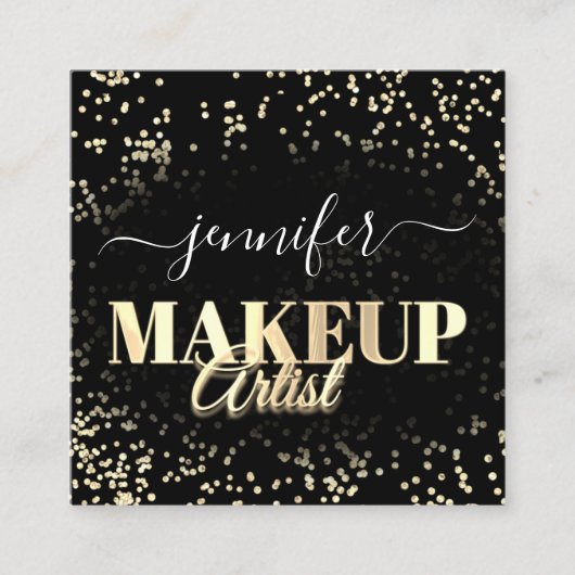 QR Code Makeup Artist Gold Confetti Black Quadratische Visitenkarte (Vorderseite)