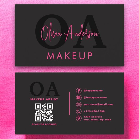 QR Code Makeup Artist Hot Pink Black Social Media Visitenkarte