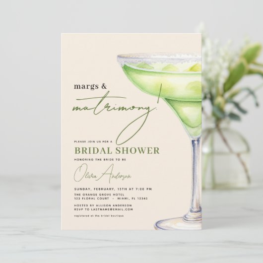 QR Code Margs and Matrimony Modernes Brautparty Einladung (Stehend Vorderseite)