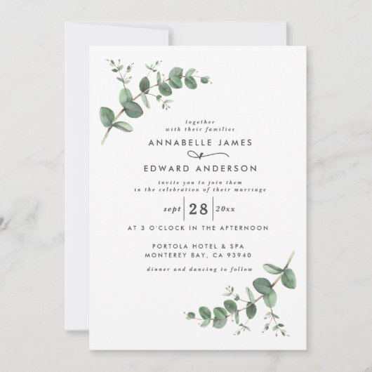 QR-Code Marineblau Eukalyptus-Blatt Einladung (Vorderseite)