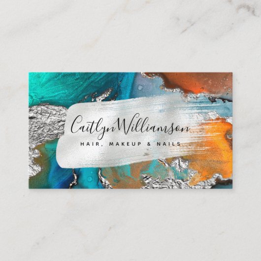 QR Code Marmor Aquarell Silber Türkis Skript Visitenkarte (Vorderseite)