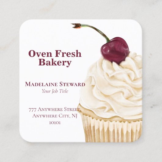 QR Code Maroon White Cupcake Bakery Square Quadratische Visitenkarte (Vorderseite)