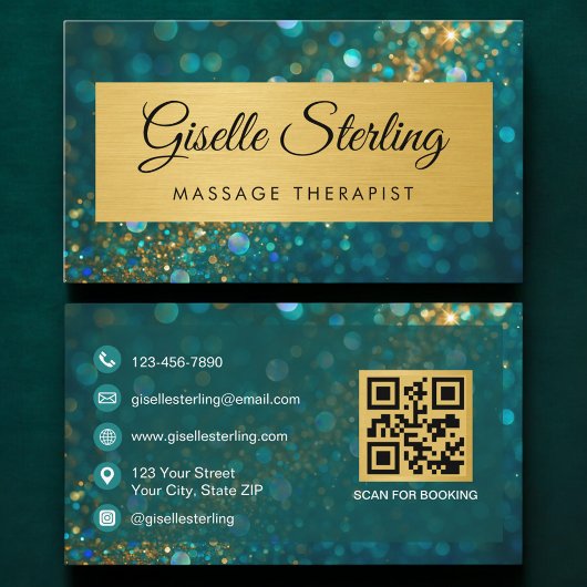 QR Code Massage Therapist Gold Teal Glitter  Visitenkarte