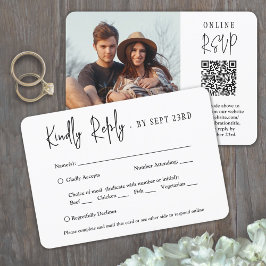 QR Code & Meal Optionen Modernes Script Foto Hochz RSVP Karte