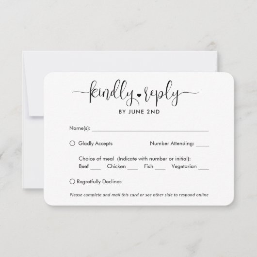 QR Code & Meal Optionen Trendy Modernes Script Fot RSVP Karte (Vorderseite)