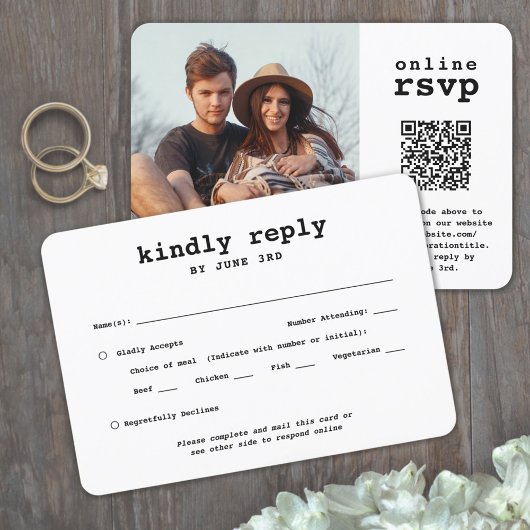 QR Code & Meal Options Wedding Foto Schreibmaschin RSVP Karte