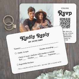 QR-Code & Mehloptionen Retro-Script-Foto Hochzeit RSVP Karte