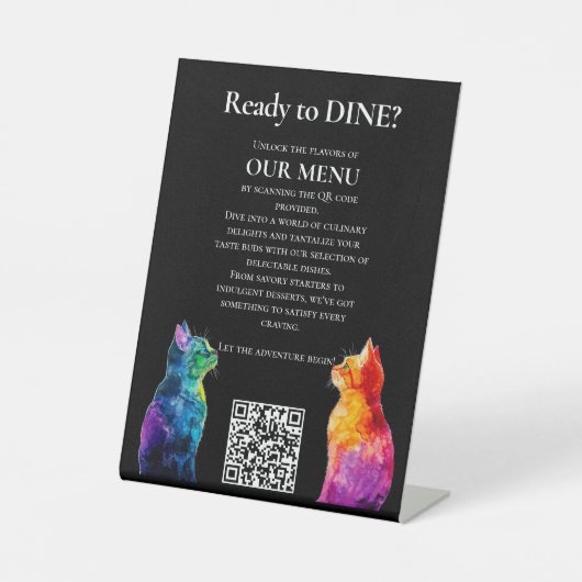 🌈 QR-Code-Menü Purrfectly Yours: Eine Regenbogenl Sockelschild (Vorderseite)