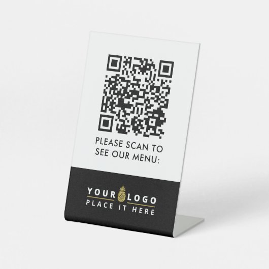 QR-Code-Menü Schwarze Logos kontaktlose moderne Ca Sockelschild (Vorderseite)