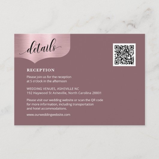 QR Code Metallische Rose Gold Details Rosa Hochzei Begleitkarte (Vorderseite)