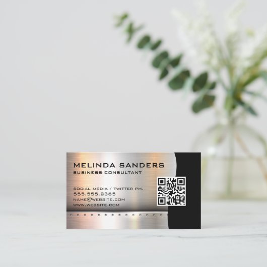 QR-Code / Metallsilberrivets Visitenkarte (Stehend Vorderseite)