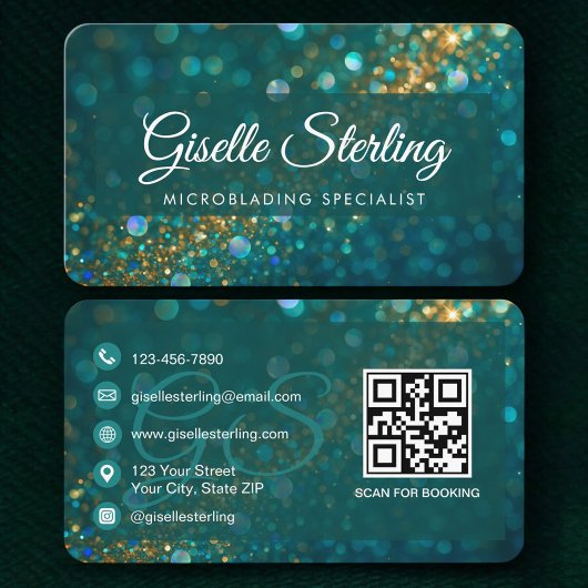 QR Code Microblading Teal Gold Glitter Visitenkarte