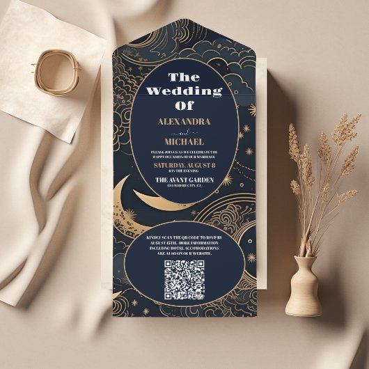 QR Code Midnight Blue Gold Celestial Wedding All In One Einladung