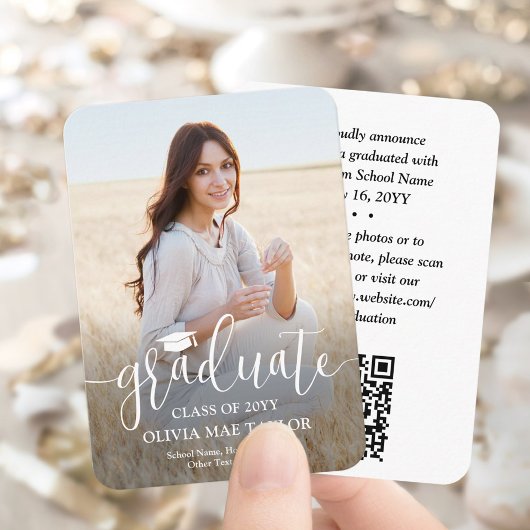 QR Code Mini Abschluss Foto Modernes White Script Begleitkarte