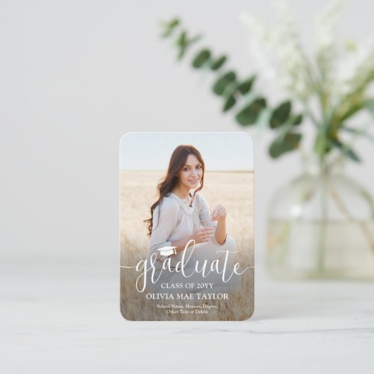 QR Code Mini Abschluss Foto Modernes White Script Begleitkarte (Stehend Vorderseite)