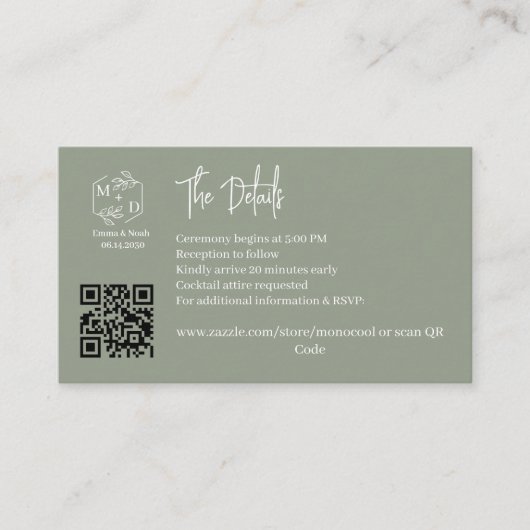 Qr-Code-Minimal-Monogramm-Hochzeitsdetails SageGre Begleitkarte (Vorderseite)