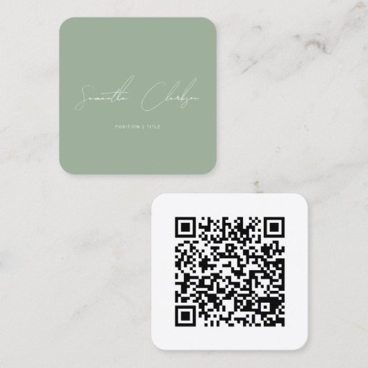 QR-Code Minimalist Hellgrün Handschrift-Skript Quadratische Visitenkarte (Vorne/Hinten)