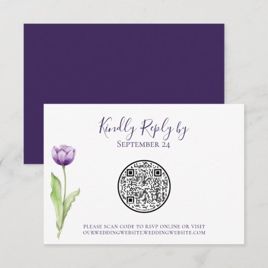 QR-Code Minimalistisch Lila Tulip-Hochzeit RSVP Karte (Vorne/Hinten)