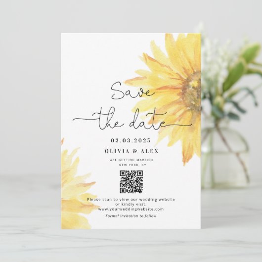 QR-Code Minimalistische Sonnenblumen Save the Date (Stehend Vorderseite)