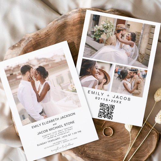 QR-Code Minimalistisches White Wedding Foto Einladung