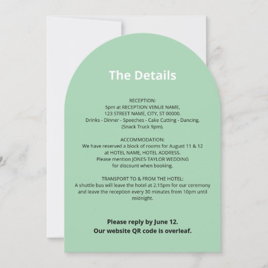 QR Code Minze Green Wedding Details Card Einladung (Vorderseite)