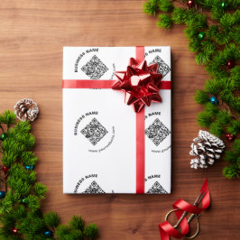 QR-Code mit fettgedrucktem Firmennamen und kreisfö Geschenkpapier