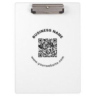 QR-Code mit Firmenname Fett Kreistext Klemmbrett