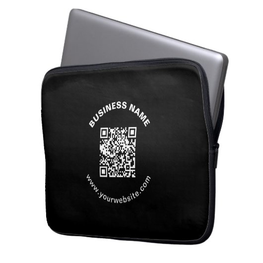 QR-Code mit Firmenname Fett Kreistext Laptopschutzhülle (Vorderseite Links)