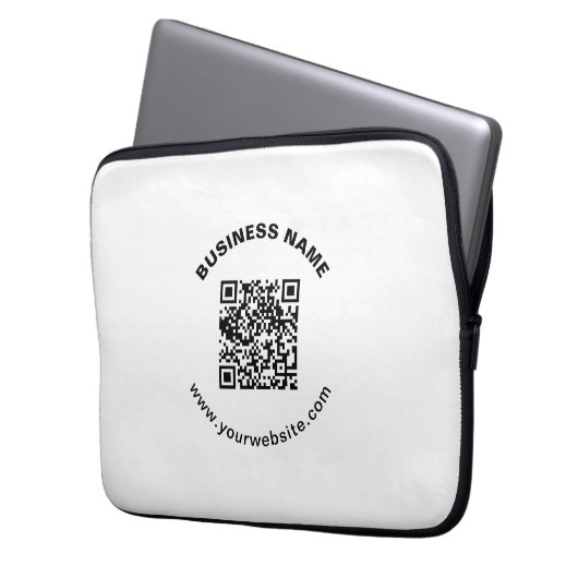 QR-Code mit Firmenname Fett Kreistext Laptopschutzhülle (Vorderseite Links)
