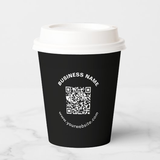 QR-Code mit Firmenname Fett Kreistext Pappbecher (Vorderseite)